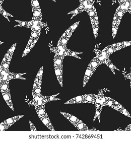 bird swallow swift silhouette fly flowers ornament art pattern