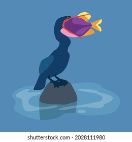 Bird swallowing a colorful big fish Illustration.