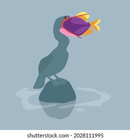 Bird swallowing a fish Illustration.