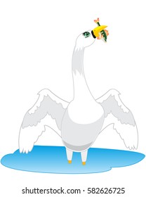 The Bird swan in water goes fishing.Vector illustration