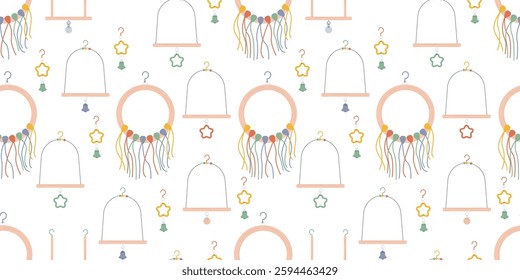 Bird swings horizontal seamless pattern. Toys for the birdcage. Accessories, perches and bells for entertaining parrots. Fun background to use in design. Vector wallpaper for wall or packaging.