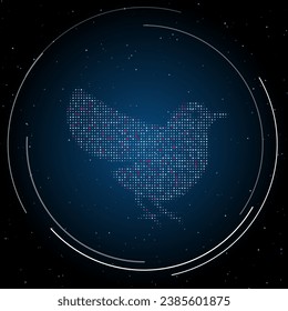 El símbolo de pájaro lleno de puntos blancos. Estilo de puntillismo. Algunos puntos son rosas. Ilustración vectorial sobre fondo azul con estrellas