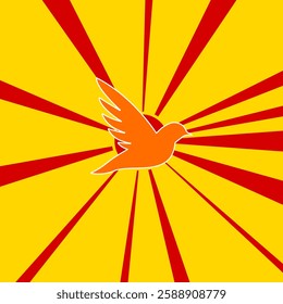 Bird symbol on a background of red flash explosion radial lines. The large orange symbol is located in the center of the sun, symbolizing the sunrise. Vector illustration on yellow background