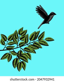 The bird takes off from a branch with green leaves on a background of blue sky. Vintage engraving stylized drawing. Vector illustration.