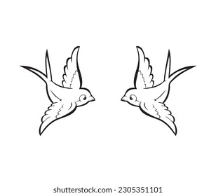 Bird tattoo flash sheet. swallow bird in flight illustration set. isolated graphic design outline hand drawn decorative elements
