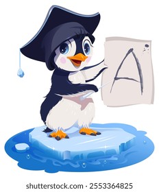 Profesor de pájaros pingüino mostrar alfabeto de letras lección de inglés. Ilustración de dibujos animados de Vector aislado en blanco