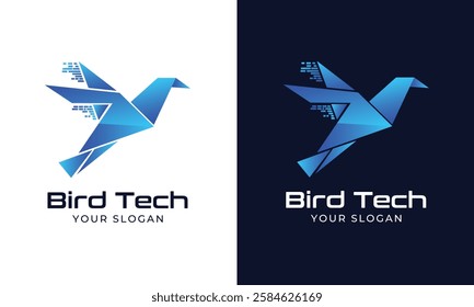 Bird tech Logo, Modern futuristic origami bird tech logo design with digital pixel elements, blue gradient, and geometric style for technology, software, AI, IT solutions, and innovation companies.