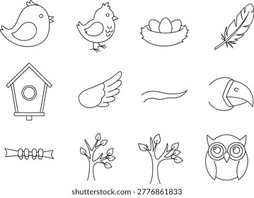 Bird themed line art icons set with owl nest birdhouse feathers