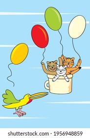Vogel und drei fliegende Katzen, Ballon, Vektorgrafik