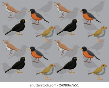 Bird Thrushes Robin Blackbird Cartoon Cute Seamless Wallpaper Background