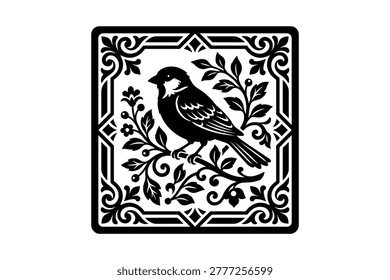 Bird tile illustration, sparrow silhouette on twig, floral frame design, nature square ornament.