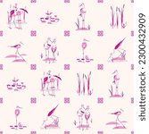 Bird tiles pink Azulejo pattern. Black-necked stilt on beige background. Vector ornament imitation of ceramics