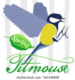 Bird titmouse vector card. Trees, tree buds, thaw, birds. Web graphics, banners, advertisements, brochures, business templates Isolated on a white background
