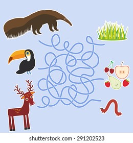 Bird toucan anteater and deer on blue background labyrinth game for Preschool Children. Vector