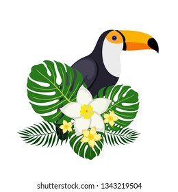 Bird Toucan in flat style with palm leaves and flowers. Vector illustration