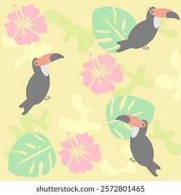 It's a bird toucan and Hibiscus background.