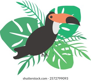 It's a bird toucan and monstera green leaves. 