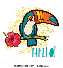 Bird Toucan (Ramphastida), tropical hibiscus flower in cartoon style. The phrase Hello. Suitable for print on t-shirt, poster jungle postcard for children