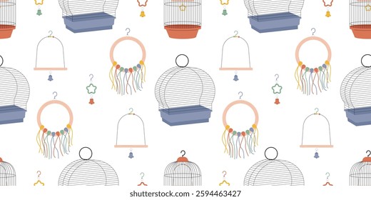 Bird Toys and cages horizontal seamless pattern. Accessories for birdcage. Swings, perches and bells for entertaining parrots. Fun background to use in design. Vector wallpaper for wall or packaging.