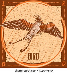 Bird. Tracery blazon. Collector's Card. Vector engraved illustration.