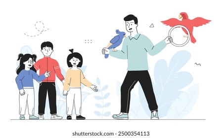 Bird training man. Man with blue and red bird shows performance to boys and girls. Tropical macaw and parakeet. Children in zoo. Linear vector illustration isolated on white background