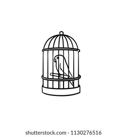 A bird in the trap hand drawn outline doodle icon. A parrot sitting in the birdcage as freedom and bird pet concept. Vector sketch illustration on white background.