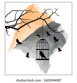 bird and Tree  with cage t-shirt design suitable for fabric print / print on any colour t shirts. also colour can be edit with editable files. vector illustration design, Water color background