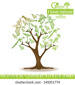 Bird. Tree design. Go green. Save world. vector illustration.