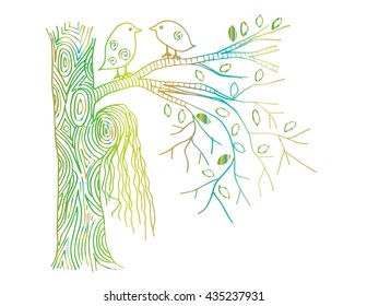 Bird and tree. Hand drawing illustration 