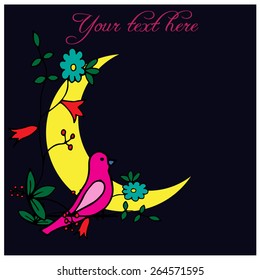 Bird In Tree, Moon On Background