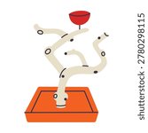 Bird tree perch stand with branches and feeding bowl, flat cartoon pet activity center for parrots and budgies. Wooden branch climbing stand on orange base, home bird enrichment vector illustration