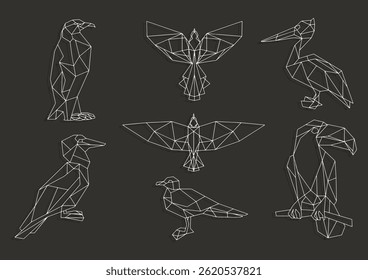 Bird triangular icon set. Penguin, toucan, seagull, pelican. Bird triangular icon set, geometric trendy line design. Vector illustration for tattoo or coloring book.