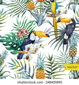 bird, tropical, palm tree, watercolor, pineapple pattern