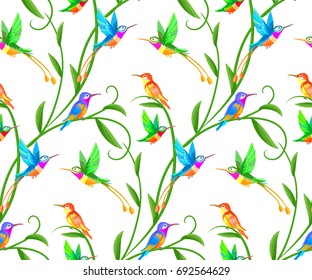 Bird and tropical paradise seamless pattern background.