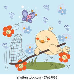 Bird trying to catch elusive Butterfly on flower garden