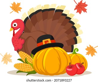 Bird turkey with harvest and autumn leaves on a white background, character. Thanksgiving Day