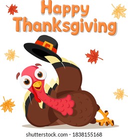 Bird turkey lies and holds a hat. Thanksgiving Day