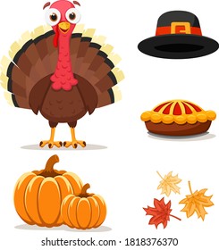 Bird turkey set with hat, pie and pumpkins
