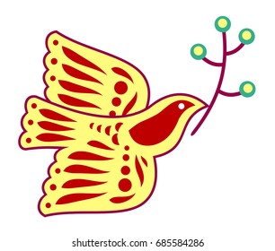 A bird with a twig in its beak, in geometric, ornamental style.