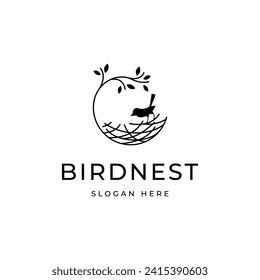 bird with twig nest logo design in line art style
