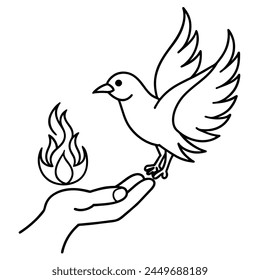 Bird and twig symbol of peace and freedom in simple linear style. Pigeon icon. Doodle vector illustration