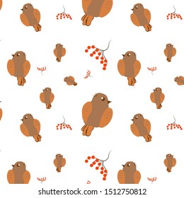 Bird with twigs of berries on white background pattern