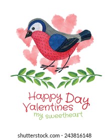 Bird with twigs and hearts - hand drawn watercolor vector Valentines card template