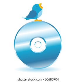 Bird twitting on top of a CD DVD over white