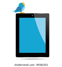 Bird twitting on top of a tablet over white
