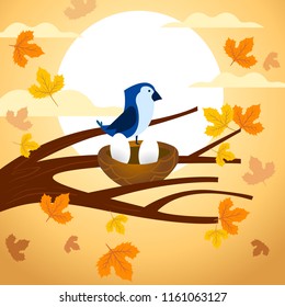 Bird with two eggs illustration and sunset sky for autumn fall season