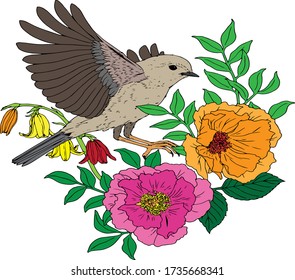 A bird with two flowers.