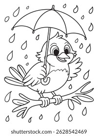 Bird with Umbrella on Rainy Day – Cute Cartoon Line Art