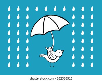 Bird with umbrella under the rain, vector illustration 