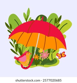 Bird is under umbrella with flowers and greenery in the background. It is ideal for spring-themed designs, cards, or children books